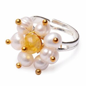 Citrín s perlami elegantní prsten nastavitelná velikost - 52 - 56 mm (US 6 - 8)